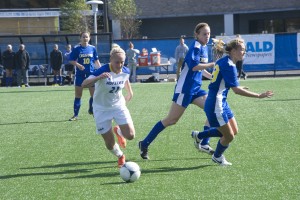 Chris Owens/The Chronicle On senior day, junior Leah Galton was the one to shine, notching a hat trick in the regular season finale for the Pride.