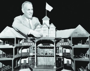 John Adams with a miniture model of the Hofstra Globe Theater.