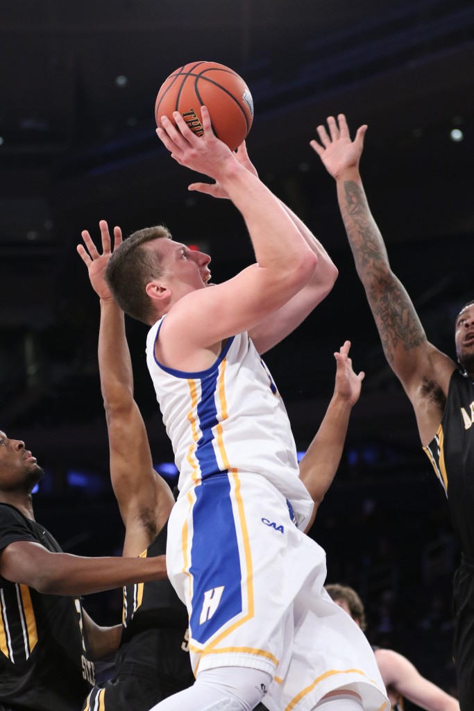 Cam Keough/The Chronicle Rokas Gustys is the first player in a Pride uniform in approximately 34 years to break 20/20 territory with 25 points and 20 rebounds.