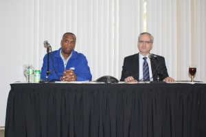 Interim head men's basketball coach Patrick Sellers (left) and Vice President and Director of Athletics Jeff Hathaway (right) discussing the departure of Mo Cassara and the future of the men's basketball program at a press conference on Friday.