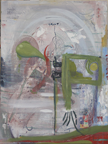 Painting incorporating random words and pencil sketches