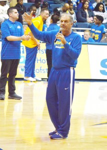 Jesse Saunders/The Chronicle Coach Joseph Mihalich addressed the crowd at Thursdays Midnight Madness.