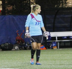 Jean Pierre Guzhnay/The Chronicle Hofstra goalie Friedrike Mehring looks on during a recent game. Riddiough says she could be in a battle for her position soon against Ashley Wilson.