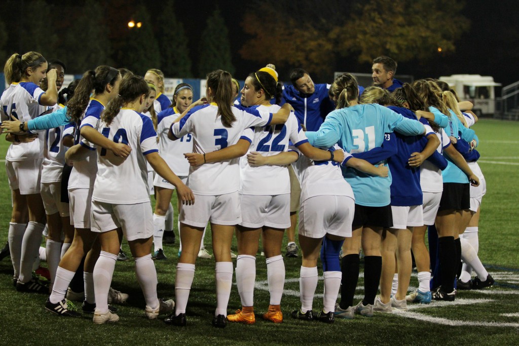 Cam Keough/The Chronicle - The Pride huddle before their CAA Semifinal matchup last week