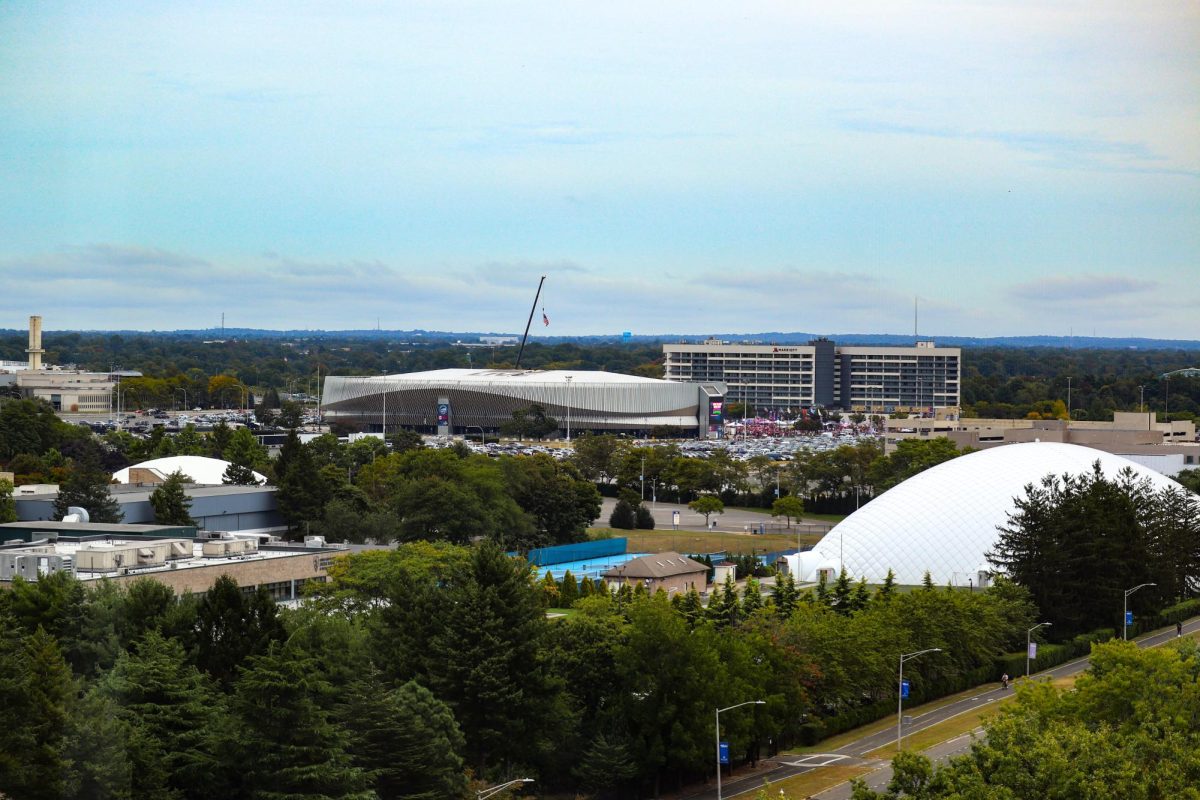 The location of the rally, Nassau Veterans Memorial Coliseum, pictured from the 10th floor of Axinn Library. Hofstra's Dome and tennis courts are visible next to the rally site. 